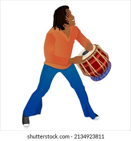 Illustration Of A African American Male Dancer With Drum. Drum Tambla. Illustration Of A Dancer For Advertising, Poster, Banner On A White Background