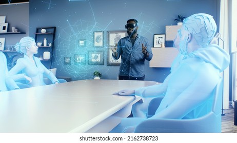 Illustration African American man in VR glasses in the cyberspace of the meta universe at a business meeting, discussing artificial intelligence depicted as a hologram with avatars of colleagues.