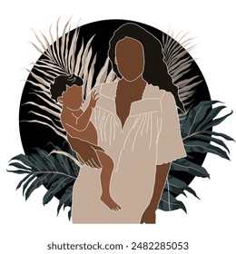 Illustration of an African American Mother holding a Baby in her arms a Background of leaves. Pregnancy and childbirth. Faceless drawing. Flat graphics - Powered by Shutterstock