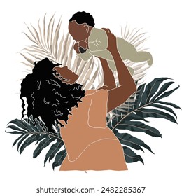 Illustration of an African American Mother holding her Baby above her head against a Background of leaves. Pregnancy and childbirth. Faceless drawing. Flat graphics - Powered by Shutterstock