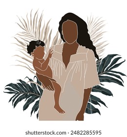 Illustration of an African American Mother holding a Baby in her arms a Background of leaves. Pregnancy and childbirth. Faceless drawing. Flat graphics - Powered by Shutterstock