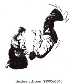 Ilustración de una técnica de arte marcial del Aikido realizada por una mujer
