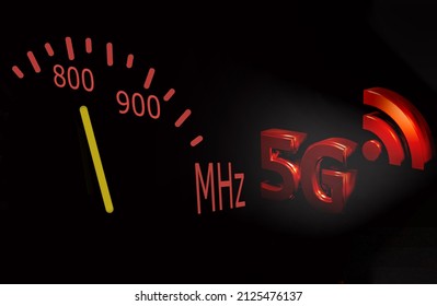 Illustration Of Airlines Worrying About 5G Interference With Plane Altimeter. 5G Text Next To Multimeter Measuring Frequencies In Hertz