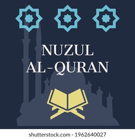 Illustration Of Al Quran And Blur Mosque Background Icon With Text NUZUL AL QURAN (in Malay).