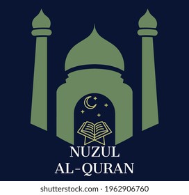 Illustration Of Al Quran And Mosque Icon With Text NUZUL AL QURAN (in Malay).