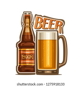 Illustration Of Alcohol Drink Beer, Poster With Brown Bottle Of Bavarian Lager And Full Pint Glass Mug With Cold Craft Ale, Original Typeface For Word Beer, Silhouette Composition For Pub Menu.