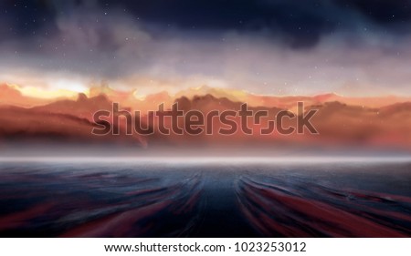 Illustration of alien planet with galaxy background, illustration painting, digital art.
