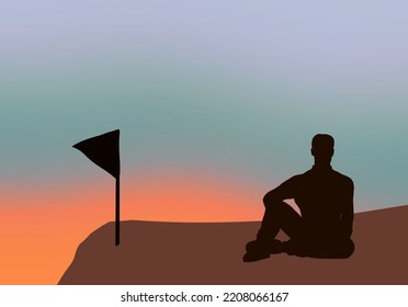 Illustration alone man silhouette sitting at peak at sunset sunrise  Empty blank copy space area for business career life advertising ad texts 