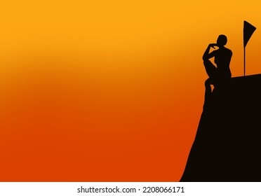 Illustration alone woman silhouette sitting at peak at sunset sunrise  Empty blank copy space area for business career life advertising ad texts 