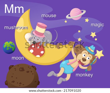 illustration alphabet.M letter-mushroom,moon,mouse,magic,monkey. EPS vector version id 177174632.format also available in my portfolio