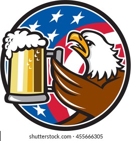 Illustration Of An American Bald Eagle Hoisting Mug Glass Of Beer Stein Viewed From The Side With Usa American Stars And Stripes Flag In The Background Set Inside Circle Done In Retro Style. 