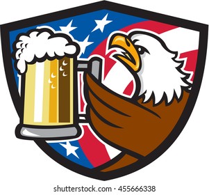 Illustration Of An American Bald Eagle Hoisting Mug Glass Of Beer Stein Viewed From The Side With Usa American Stars And Stripes Flag In The Background Set Inside Shield Crest Done In Retro Style. 