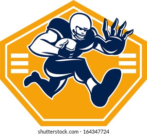 Illustration Of An American Football Gridiron Running Back Player Running With Ball Facing Front Fending Putting Out A Stiff Arm Set Inside Shield Done In Retro Style.