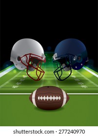 An Illustration Of American Football Helmets Clashing On A Field With A Ball.