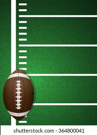 An illustration of an American football on a realistic textured turf field background.