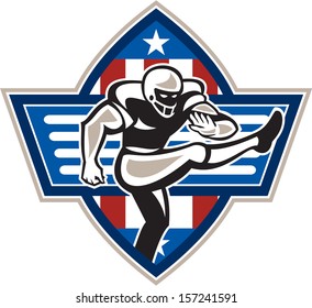 Illustration Of An American Football Player Placekicker Kicking Facing Side Done In Retro Style Set Inside Stars And Stripes Ball .