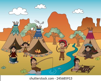 illustration of american indian village 