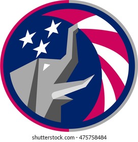 Illustration Of An American Republican GOP Elephant Mascot Viewed From The Side Set Inside Circle With USA Stars And Stripes Flag In The Background Done In Retro Style. 