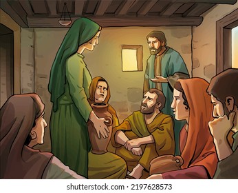 Illustration Of Ancient Christians Gathered In A House.