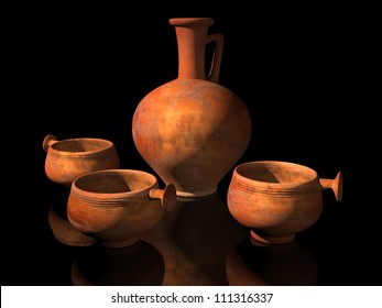 Illustration Of Ancient Roman Dippers Or Drinking Cups With A Wine Jug