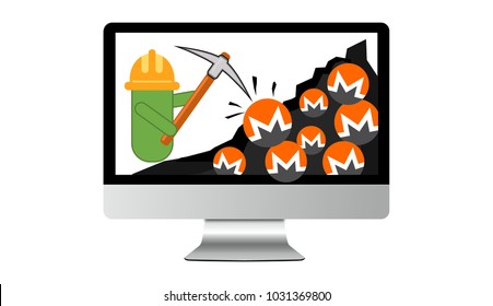 Illustration Of Android Mining Malware And Cryptojacking. Cybersecurity Concept: Mining Malware For Digital Currency Monero To Run On Computers That Visited Infected Sites, Generating Money For Hacker