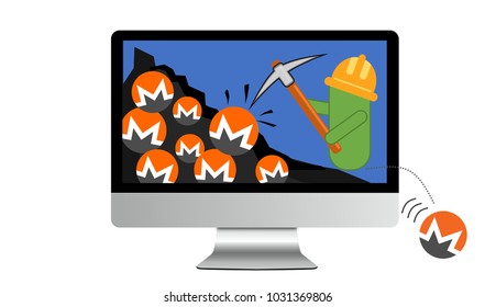 Illustration Of Android Mining Malware And Cryptojacking. Cybersecurity Concept: Mining Malware For Digital Currency Monero To Run On Computers That Visited Infected Sites, Generating Money For Hacker