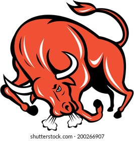 Illustration Of An Angry Raging Bull Charging Viewed From Front On Isolated White Background Done In Cartoon Style.