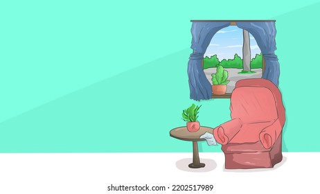 Illustration Of Animated Background In The Living Room, Inside The House, Guest Chairs, In Front Of The Window For Animated Backgrounds, Banners, Cartoons, And Others