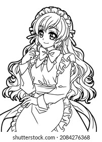 Illustration Of An Anime-style Maid Girl Coloring Book. No Background.