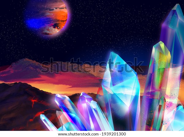 Illustration. Another planet,\
surface with live volcano and crystals, another moon, space, starry\
sky
