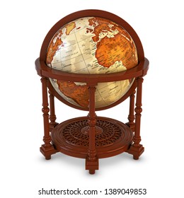 Illustration "Antique Globe 3D". Antique world globe on wooden stand. Maximum resolution of 5000x5000 pixels (25 megapixels). 3D rendering a white background, suitable for your beautiful projects!