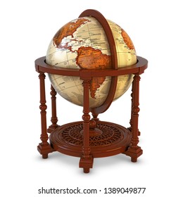 Illustration "Antique Globe 3D". Antique world globe on wooden stand. Maximum resolution of 5000x5000 pixels (25 megapixels). 3D rendering a white background, suitable for your beautiful projects!
