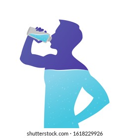 Illustration of aqua balance in human body. Silhouette of man is drinking water isolated on white background.  - Shutterstock ID 1618229926