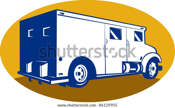 illustration of an armored car viewed from rear\
right side set inside an\
ellipse