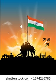 Illustration Of Army Day Of India, Republic Day Background With Soldiers Hold Up Indian Flag, Saluting, Parade, Celebration And Kite Flying