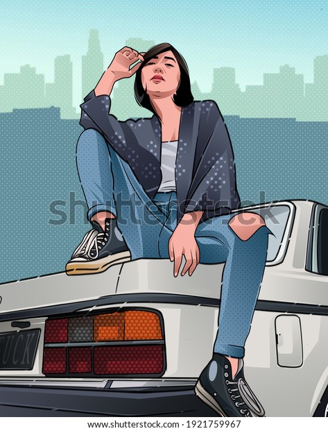 illustration art cool\
style girl in classic\
car