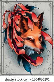 Illustration art fox and chrysanthemum  Neotraditional tattoo design