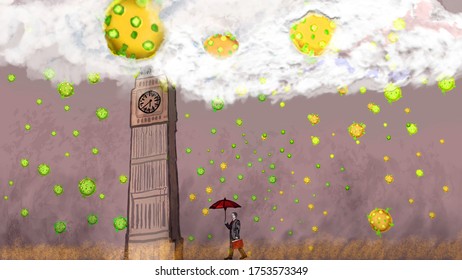 Illustration Art Raining Corona, This Illustration Tell Story About Pressure On People In This Bad Times... CoronaVirus Is Raining Everywhere So All People In The Wrold Have A Bad Time... 