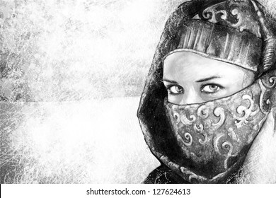 Illustration art, woman dressed in Arab costume, desert in the background