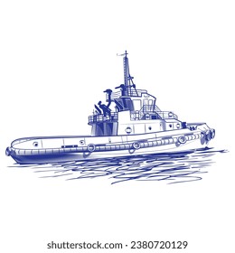 Illustration, artificial intelligence not used, hand drawn, tugboat, transportation, navigation, mooring, logistics, port, sea, sketch