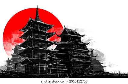 Illustration Artwork Of Ancient Drawn Japanese City Buildings On White Background With Red Sun.