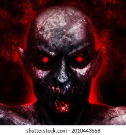 Illustration Artwork Of Angry Bloody Vampire Face With Glowing Red Eyes On Dark Crimson Background.