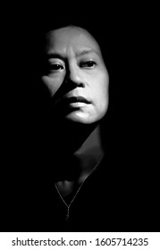 ILLUSTRATION ASIAN ART PORTRAIT Of Monochrome One Adult Middle Aged Thai Woman Frown Face As Housewife Or Mom Repine Angry Serious Waiting Alone Worry Sad And Unhappy With Isolated Black Background