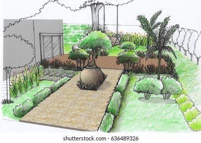 Illustration Asian Landscape Style Garden Design  Hand Sketch
