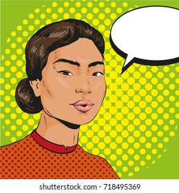 Illustration Of Asian Woman With Speech Bubble In Retro Pop Art Comic Style.