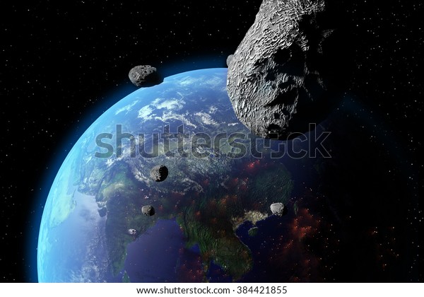 地球に近づいてくる小惑星のイラスト 地球と雲のテクスチャマップnasa提供 のイラスト素材