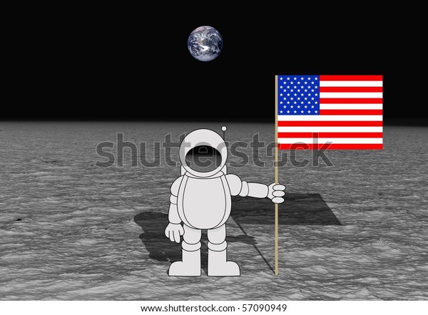 Illustration of an astronaut holding an American\
flag on the\
moon