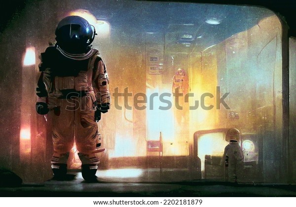 Illustration of astronaut inside spaceship\
looking\
forward