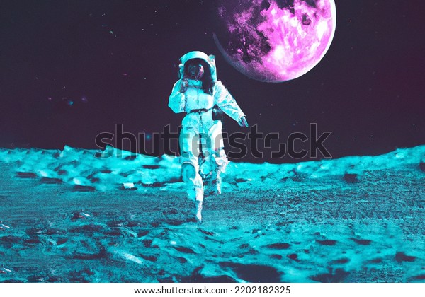 Illustration of astronaut walking across the moon\
looking\
forward