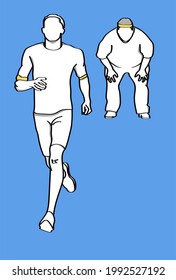 Illustration Of Athletic Man Running While Overweight Man Struggling To Breathe - Blue Background